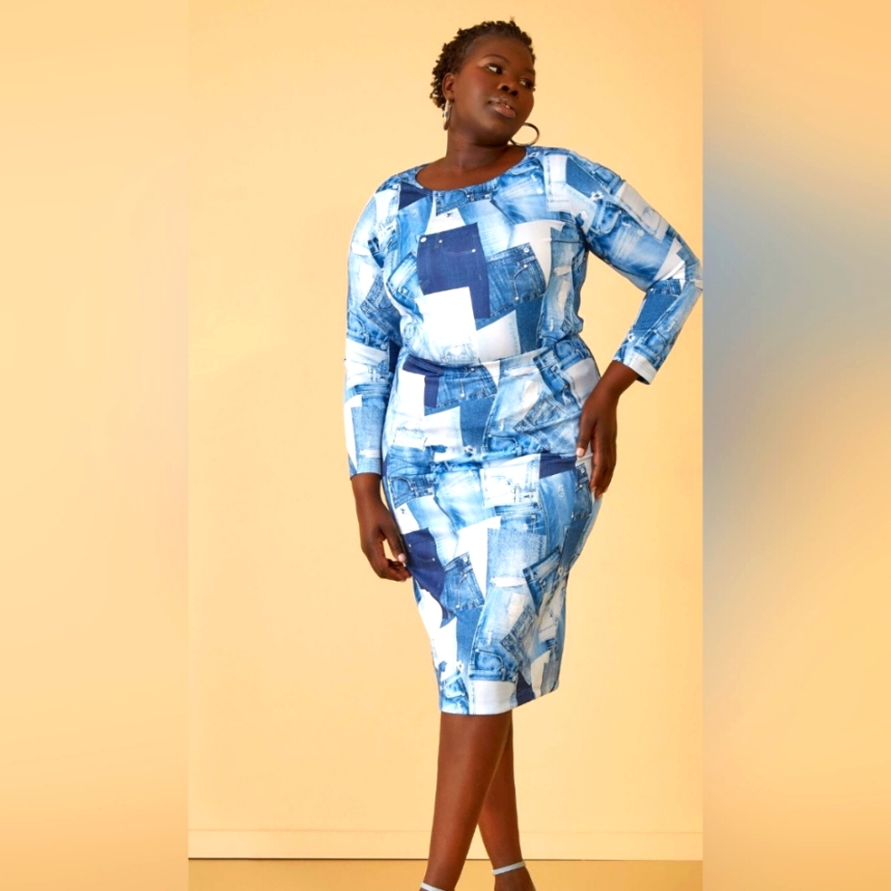 Ashley Stewart Stretch Scuba Denim Print 2 piece set. Size 1X